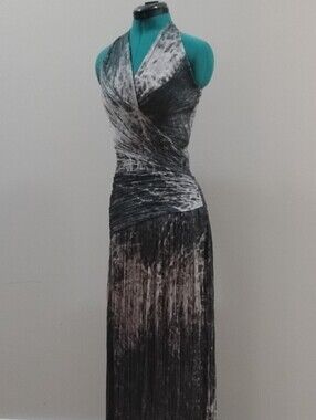 Halston Heritage Moss & Grey Pleated Halter Dress
